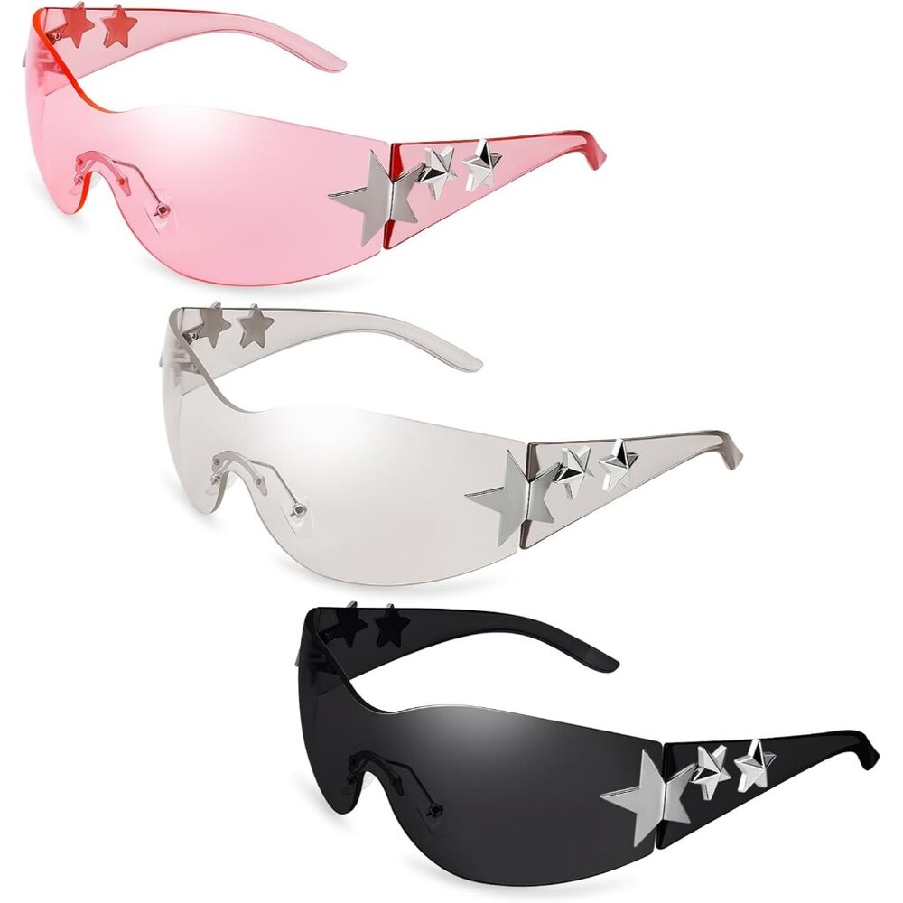 3 Pairs Y2K Sunglasses for Women Men Trendy Shield Wrap Around Sun Glasses Overs